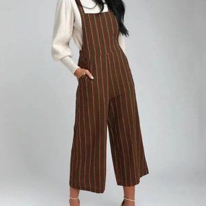 Lulu's Watson Olive Green Striped Cropped Wide-Leg Overalls, Size M